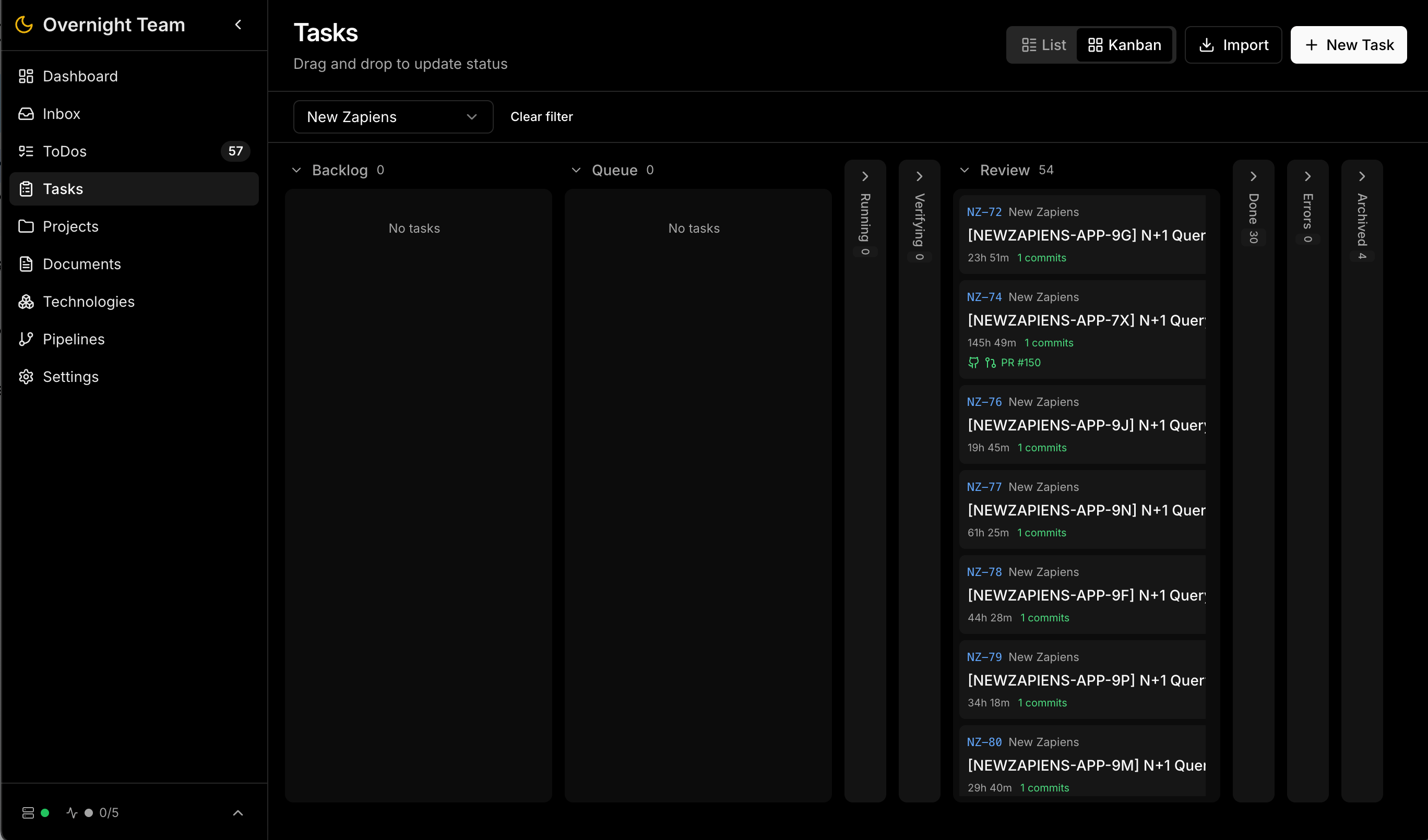 Overnight Team Kanban-Board