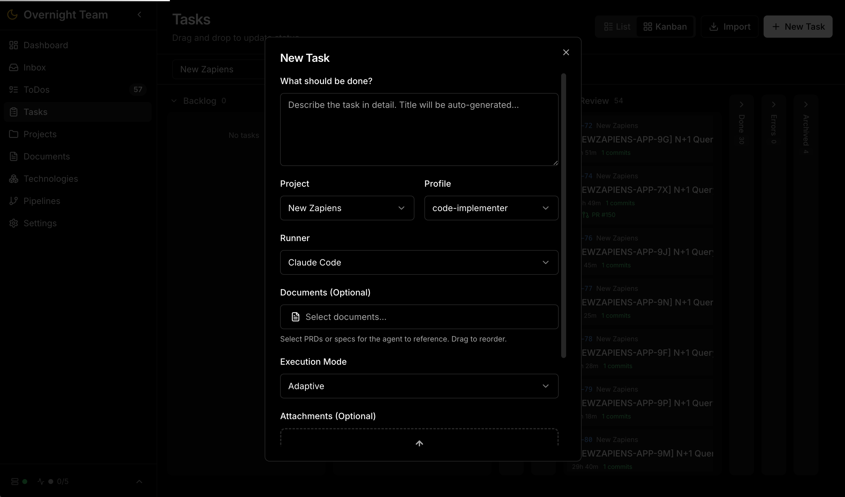 Neuen Task in Overnight Team erstellen