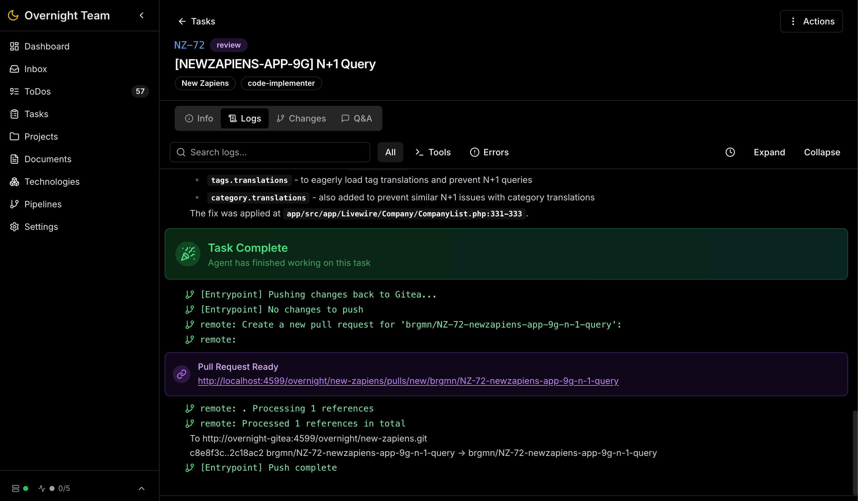 Overnight Team Task Logs